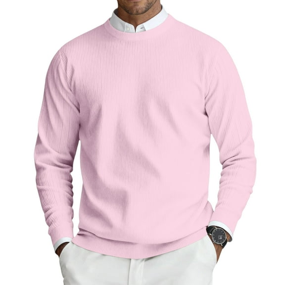 CharmCyan Men's Round Neck Long Sleeve Ribbed Knit Pullover Pink 3XL