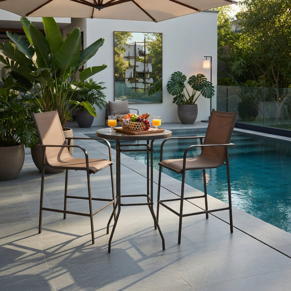 Hommoo 3-Piece Outdoor Patio Bar Set, Steel Frame with Tempered Glass Table and Fabric Upholstered Stools for Backyard, Poolside & Garden, Brown