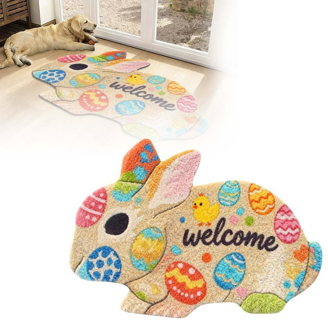 Easter Bunny Welcome Mat Absorbent Doormat Velvet Holiday Rug Indoor Outdoor