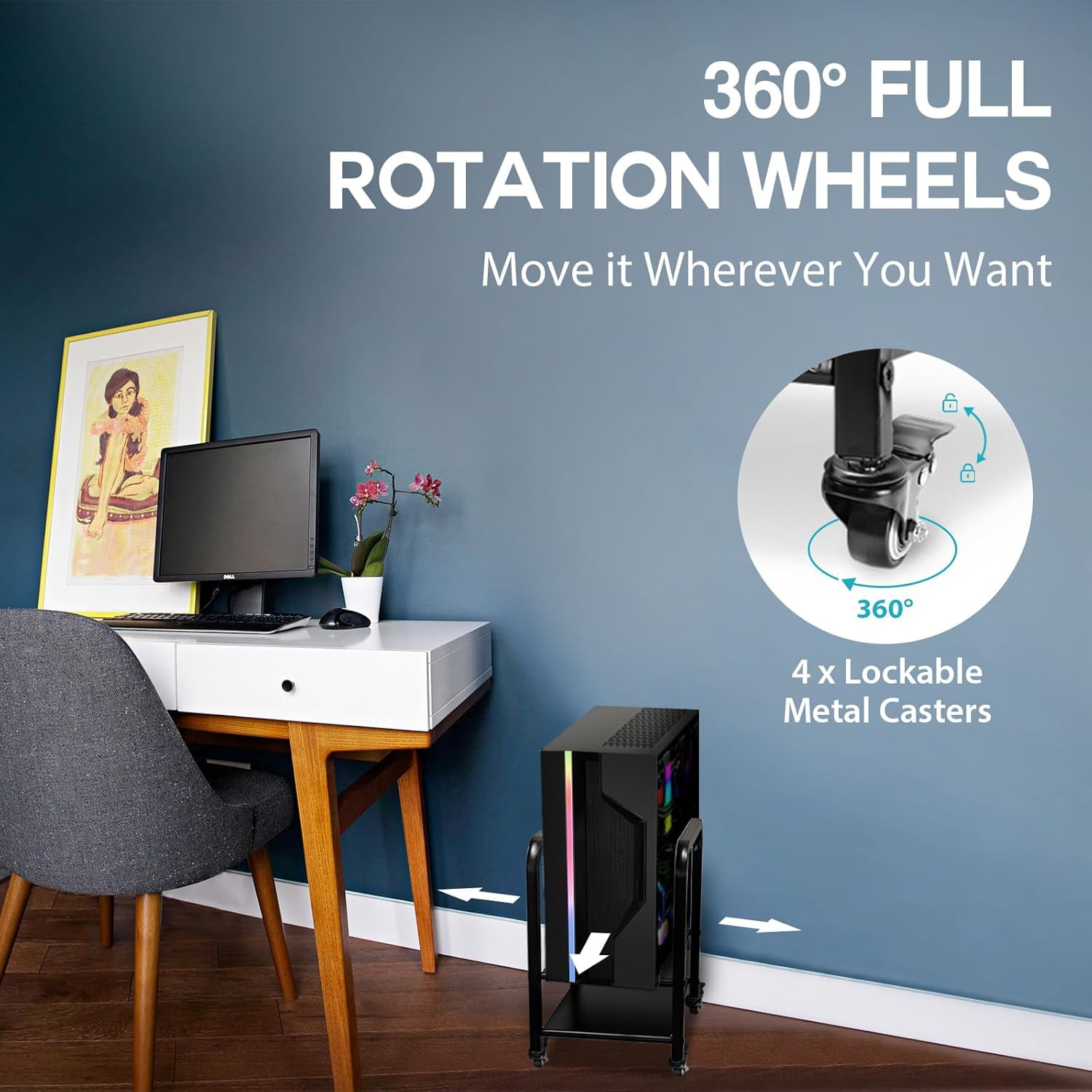360Tronix Height Adjustable Computer Tower Stand, Metal Rolling Cart on Wheels for ATX Case Printer, Black Square Tube