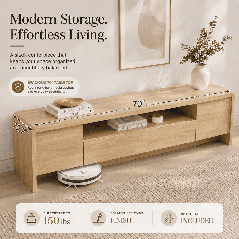 Lacoo 70 Inch TV Stand for 55-75 Inch TVs, Entertainment Center with 2 Drawers and Storage Cabinets, Media Console for Living Room , Natural