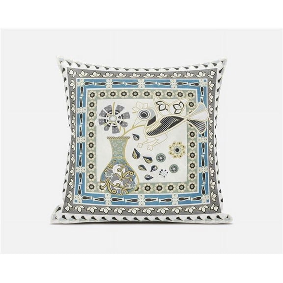 Amrita Sen Designs 18 x 18 in. Love Your Vase Peacock Broadcloth Indoor & Outdoor Zippered Pillow - Off White, Grey & Green