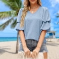 thumbnail image 4 of Blusa De Manga Corta Camiseta casual de manga doble abullonada de color sólido con cuello en V de verano para mujer (azul claro M) Ygjytge para Mujer azul claro T M, 4 of 7