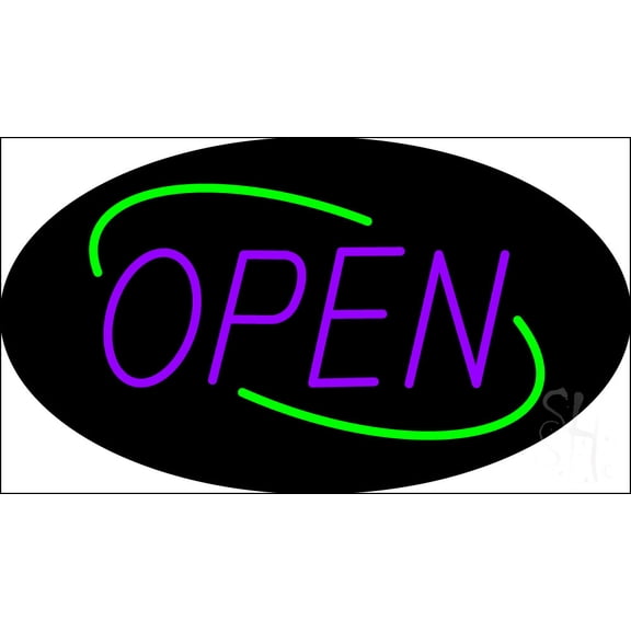 Open Deco Style Green Border Purple Letters LED Neon Sign 20 x 37 - inches, Clear Edge Cut Acrylic Backing, with Dimmer - Bright and Premium built indoor LED Neon Sign for storefront.