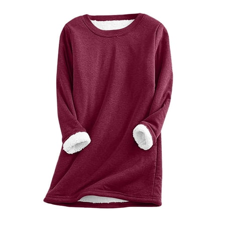 MRGIINRI Long Sleeve Pullover for Women Fall Plus Size Warm Solid Fleece Sherpa Lined Crewneck Sweatshirts on Clearance