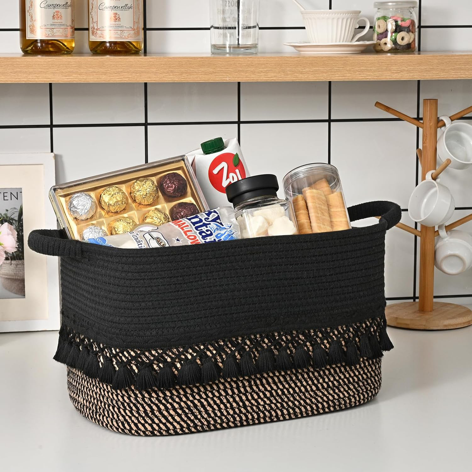 Natubeau 3 Pack Woven Storage Baskets, Black 22L Large Storage Basket for Organizing, Cotton Rope Storage Bins with Heavy Tassel, Cube Laundry Baskets