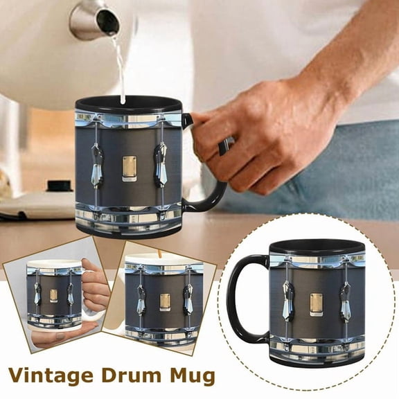 11OZ Black Vintage Drum Mug Funny Tea Coffee Juice Water Cup Home Drinkware Ceramic Mug Drumming Gifts for Men