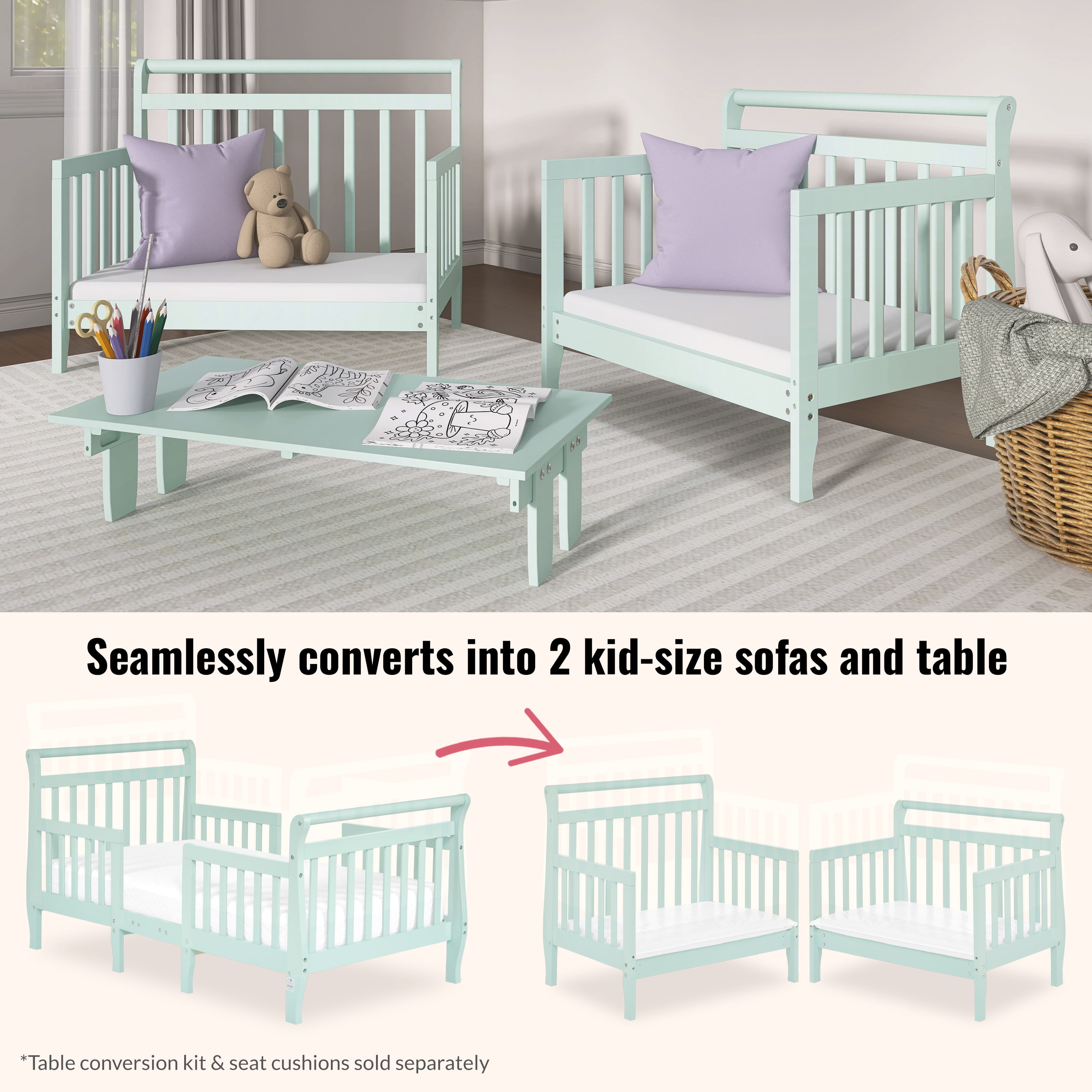 Dream On Me Emma 3-in-1 Convertible Toddler Bed, Mint, Model #649-MT
