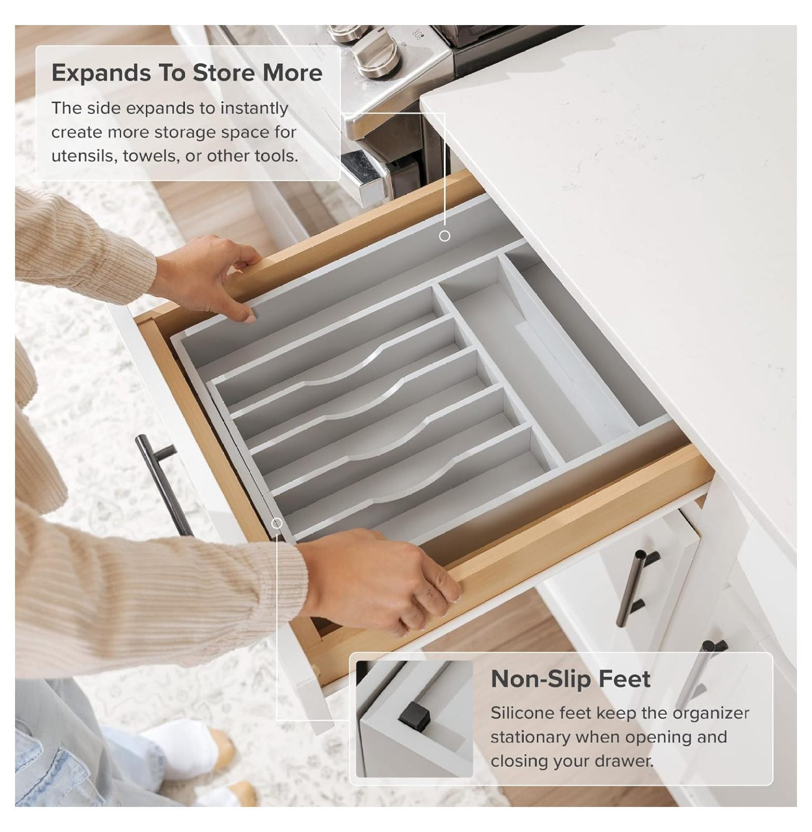 Premium Silverware, Flatware and Utensil Organizer for Kitchen Drawers, Food-Safe Contract Grade, Expandable from 10.5 to 19 In, Gray Bamboo