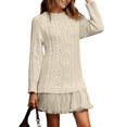 thumbnail image 3 of Robe Chandail en Tricot Torsadé pour Femmes, Col Ras du Cou, Manches Longues, Mini-Robe Plissée, Style Deux-en-un, Robe Patchwork, Blanc Laiteux, m, 3 of 7