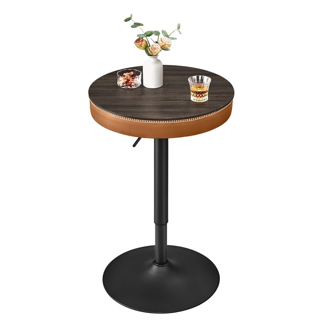 VASAGLE Collection EKHO - Table de Bar Réglable en Hauteur, Table de Pub Ronde avec Rangement, Cuir Synthétique avec Coutures, Style Mid-Century Modern, Cuisine Bar Salon, Brun Cendré et Caramel Brun