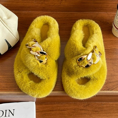 

CoCopeanut Winter House Women Fur Slippers Fashion Cross Band Warm Plush Ladies Fluffy Shoes Cozy Open Toe Indoor Fuzzy Slides For Girls