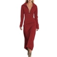 thumbnail image 2 of Hfnxid Women's Maxi Dress Slim Fit Half Zip Collar Frock Tunic Solid Long Sleeve Dress Fashion Comfy Flowy Pullover Frock With Pocket Red S, 2 of 9