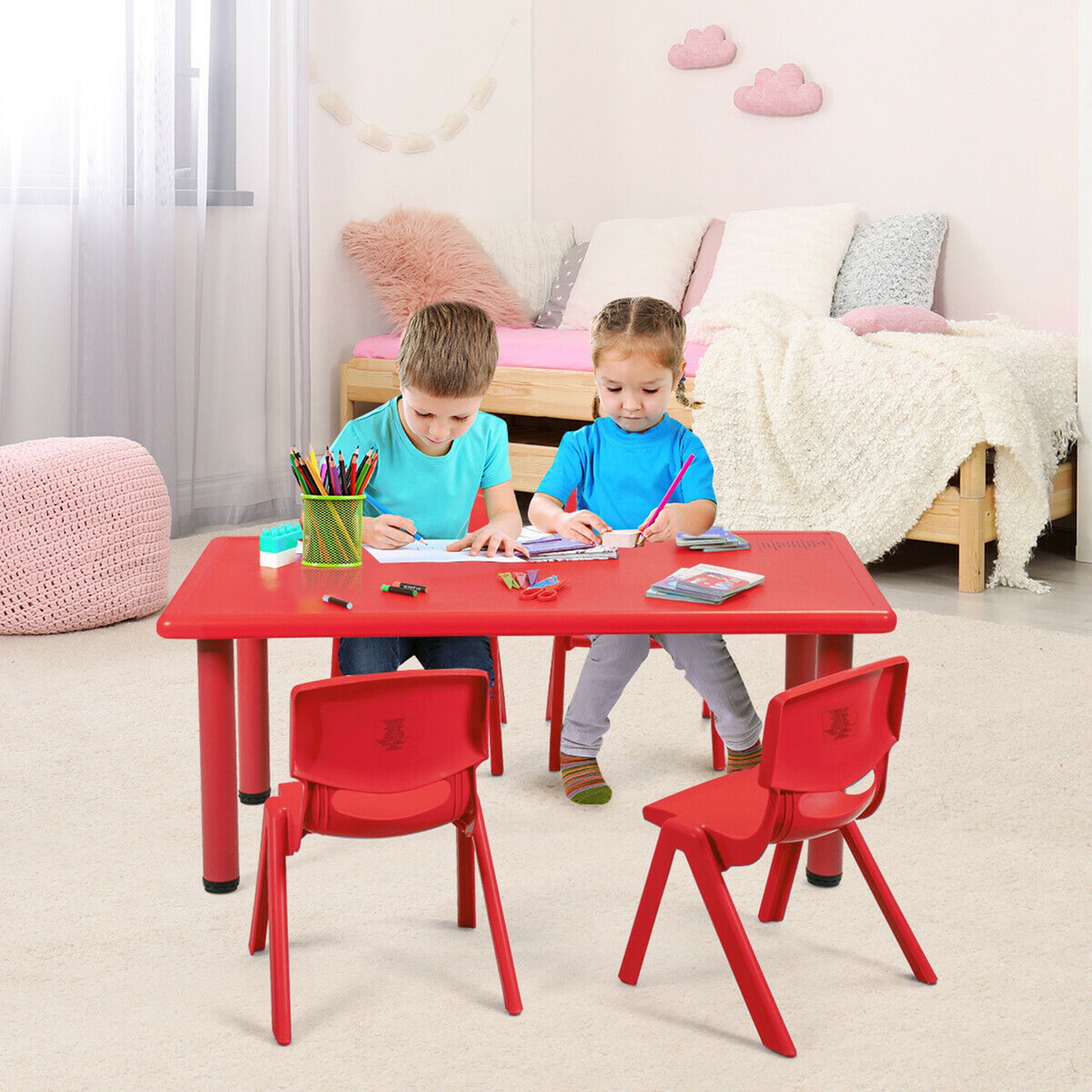 Gymax Kids Learn and Play Table Plastic Rectangular Playroom Kindergarten Home, Red