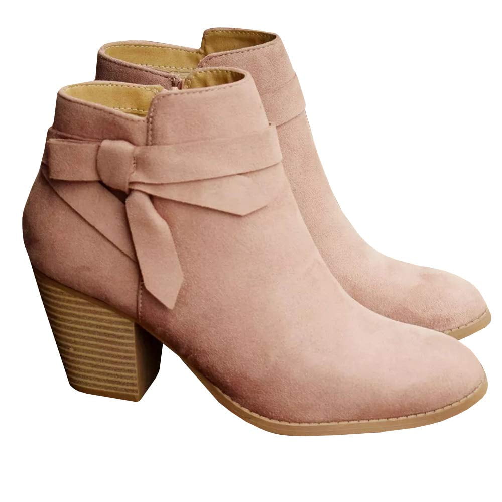 Saodimallsu Women Tie Knot Chelsea Pump Ankle Boots Closed Toe Stacked Heel Booties Shoes, Women's, Size: 5, Pink