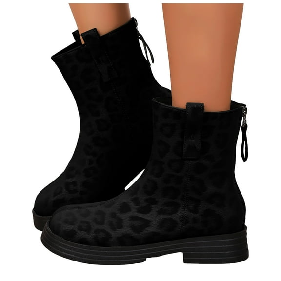 Leopard Mid Calf Boots for Women With Back Zipper Fashion Casual Platform Chunky Low Heel Short Ankle Booties