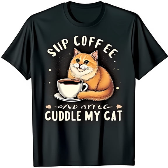 Funny Black T-Shirt with Cartoon Cat & Coffee 'Sip Coffee and Cuddle My Cat'