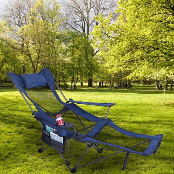 Foldable Camping Chair 330LBS Heavy Duty Steel Reclining Lawn Chair w/ Cup Holder & Carry Bag - Blue