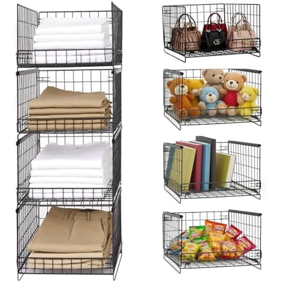4-Tier Stackable Closet Storage Organizers, Storage Shelves, Clothes Basket, Clothes Shelf Organizer for Living Room Wardrobe Kitchen Bathroom Office, Black$$Home Decor, Kitchen, & Other
