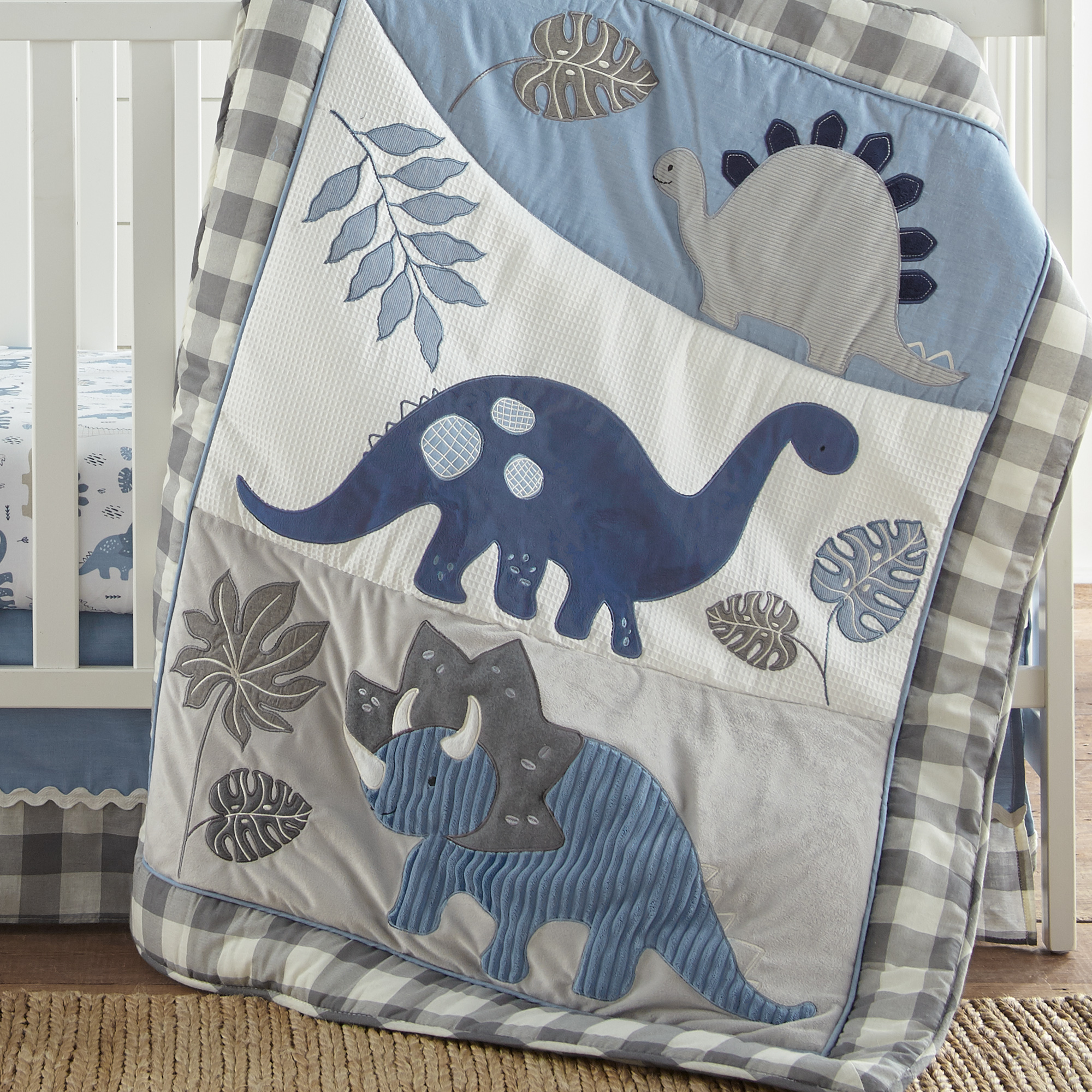 Levtex Baby - Kipton Crib Bed Set - Baby Nursery Set - Grey, White and Blue - Dinosaurs and Leaves - 4 Piece Set Includes Quilt, Fitted Sheet, Wall Decal & Skirt/Dust Ruffle - image 5 of 6