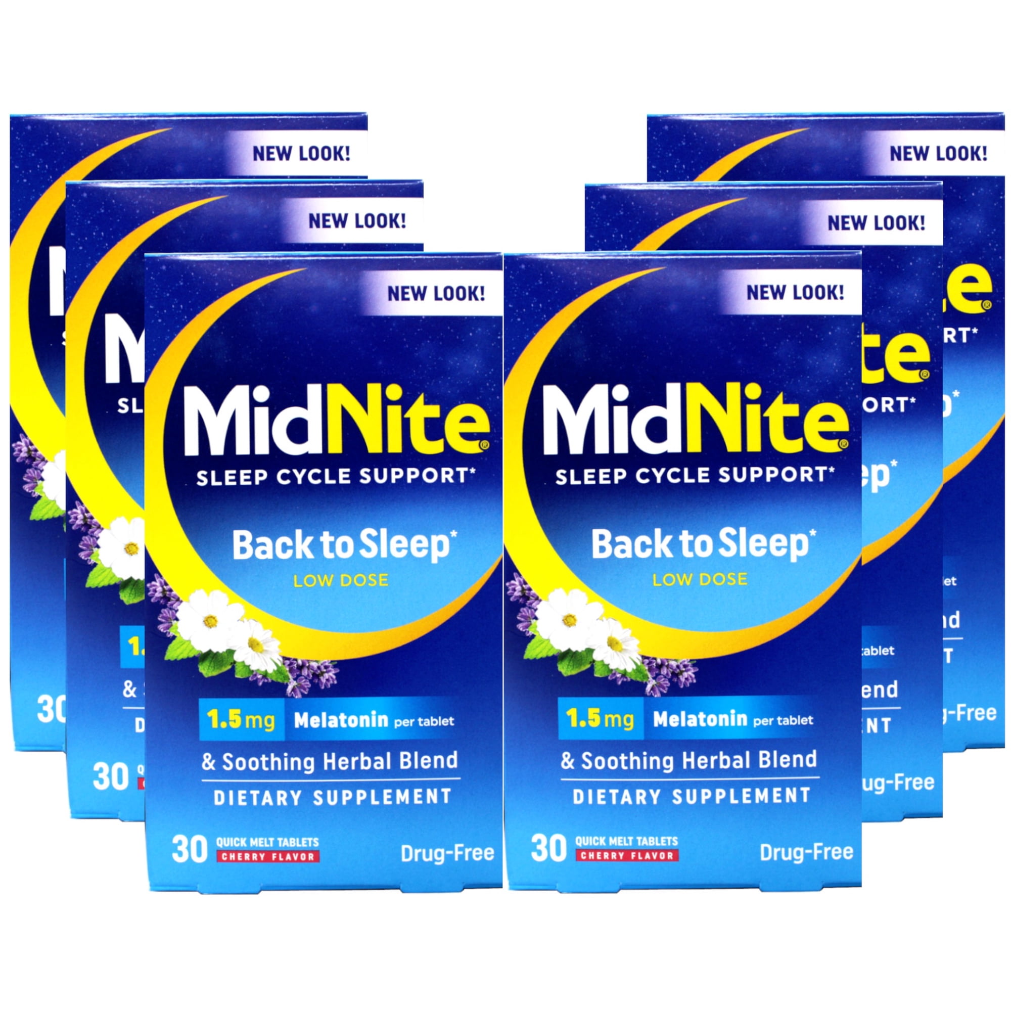 MidNite Sleep Cycle Support – Back to Sleep Low Dose, 1.5 mg Melatonin with Soothing Herbal Blend, Cherry Flavor, 30 Quick Melt Tablets, Drug-Free (Pack of 6)