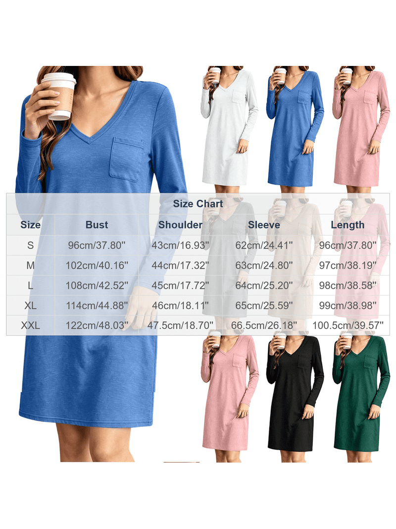 V Neck Knit Dress for Women Long Sleeve Chest Pocket Relaxed Fit Casual ...