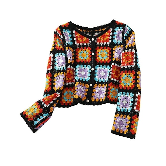 Taqqpue Women Y2k Crochet Floral Embroidered Knit Boho Tops V Neck Butoon Down Long Sleeve Shirts Cardigan Sweater Vintage Oversized Jumper Cardigan Top