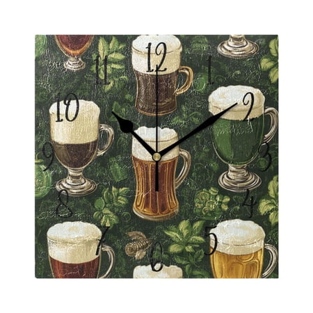 WOBOGO Beer Pattern with St Patricks Wall Clock 7.78 Inch Battery Operated Silent Unit Square Rustic Vintage Style for Home Bedroom Office Black Pointer