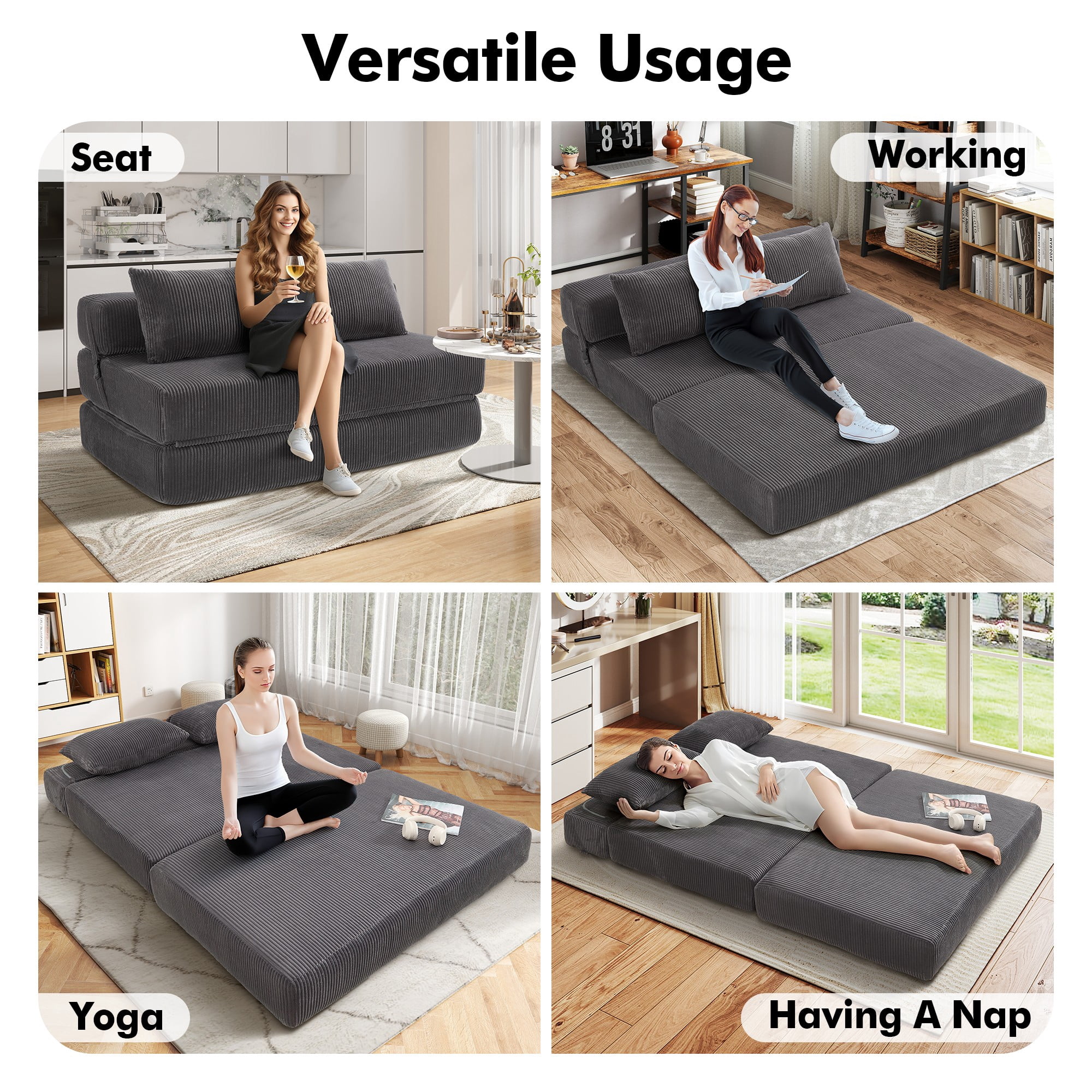Aukfa Full Size Folding Sofa Bed, Loveseat Sleeper, Corduroy Convertible Floor Couch Mattress for Living Room, Dorm, Guest Room, Gray