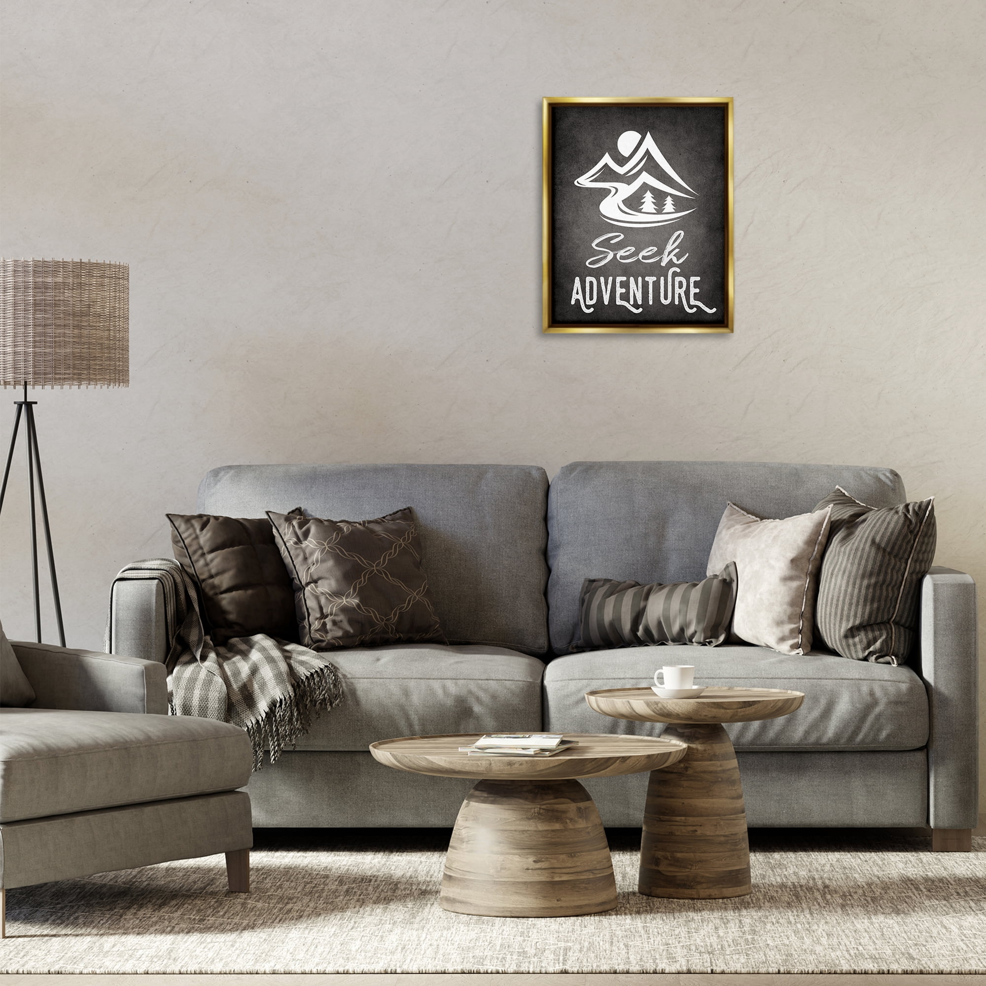 Stupell Industries Seek Adventure Phrase Typography Painting Gold Floater Framed Canvas Art Print Wall Art, 17 x 21