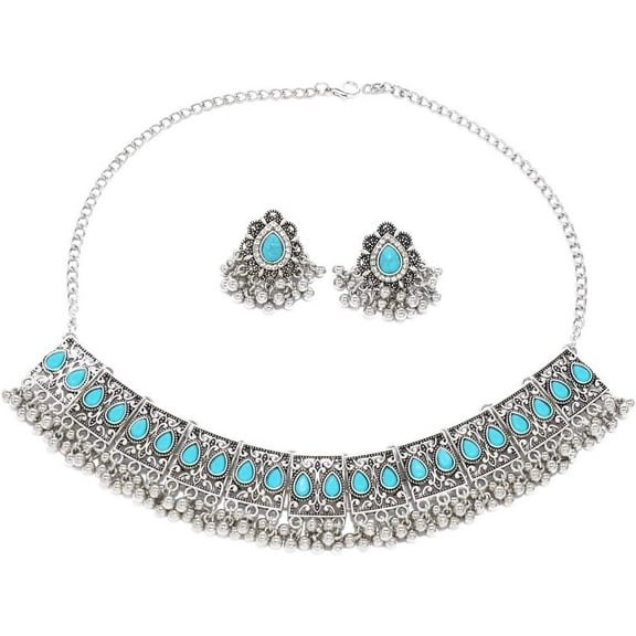 Turquoise Indian Jewelry Set for Women Antique Silver Western Cowboy Necklace Boho Choker Ethnic Bridal Wedding Party Jewelry Beaded Tassel Earrings Cowgirl Dresses Accessories for Rodeo Concert Prom