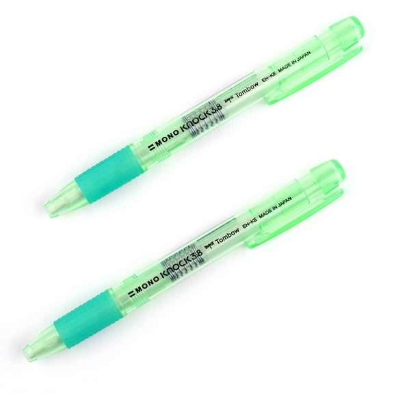 Tombow 72480 MONO Knock Eraser, Green, 2-Pack. Easy to Use Pen-Style Eraser with Rubber Grip