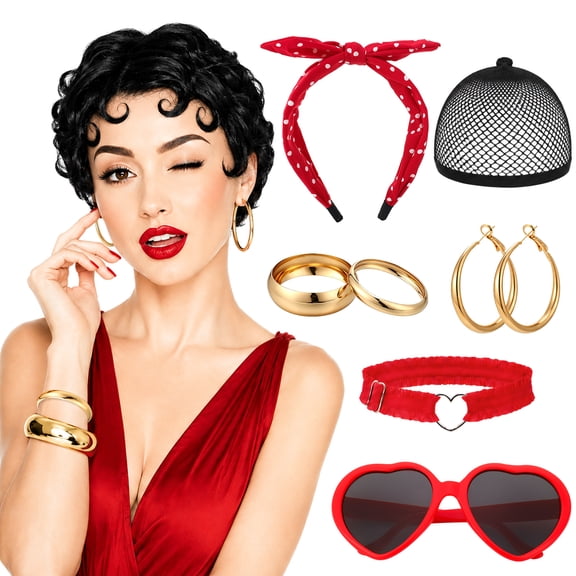 sixwipe 1920s Retro Flapper Cosplay Set, Curly Wig with Cap, Sunglasses, Earrings, Bangles, Garter & Headband, Vintage Costume Kit for Women, Halloween & Party Outfit