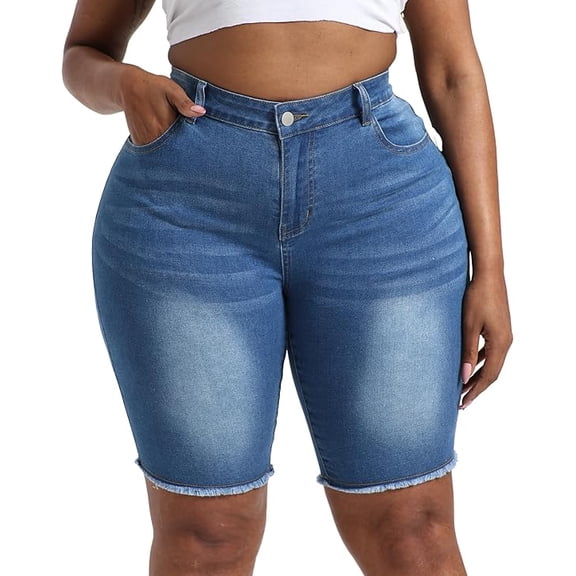 Gocolloa Women's Plus Size High Waisted Stretchy Jean Shorts 10" Inseam Raw Hem Denim Bermuda Shorts Royal Blue 24W