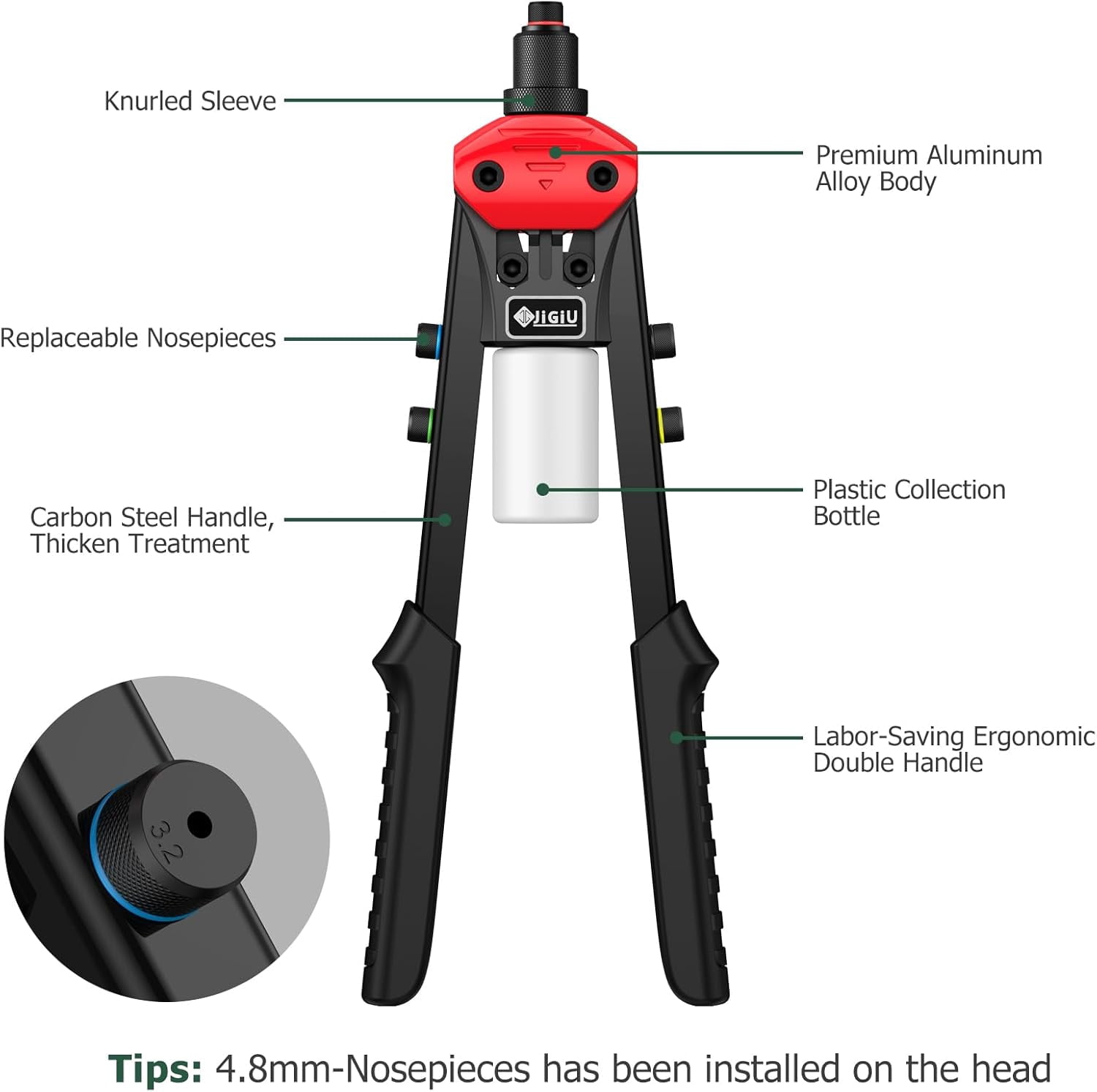 JiGiU 13.3" Heavy Duty Manual Rivet Gun - Professional Pop Rivet Tool with 5 Interchangeable Nozzles (2.4mm/3.2mm/4.0mm/4.8mm/6.4mm) & 200 Rivets for Metal Furniture, Car, Trailer