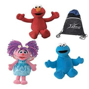 Sesame Street Elmo, Cookie Monster, And Abby Cadabby 6" Beanbag Plushies, With Myriads Drawstring Bag