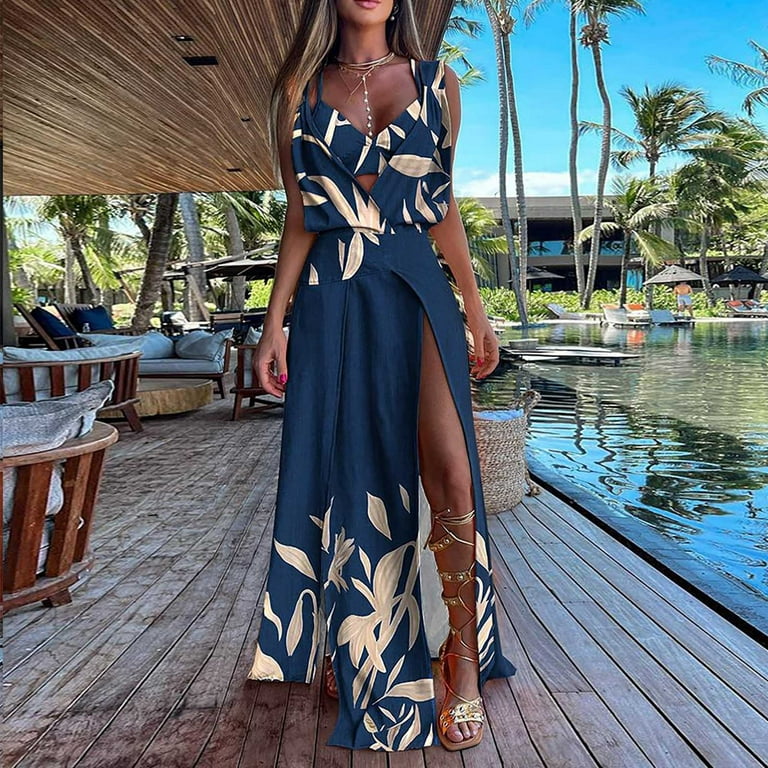 Womens Vacation Dresses Built in Bra Tops Two Piece Dress Sets for Women  Slit Flowy Boho Beach Wear Summer Outfits 