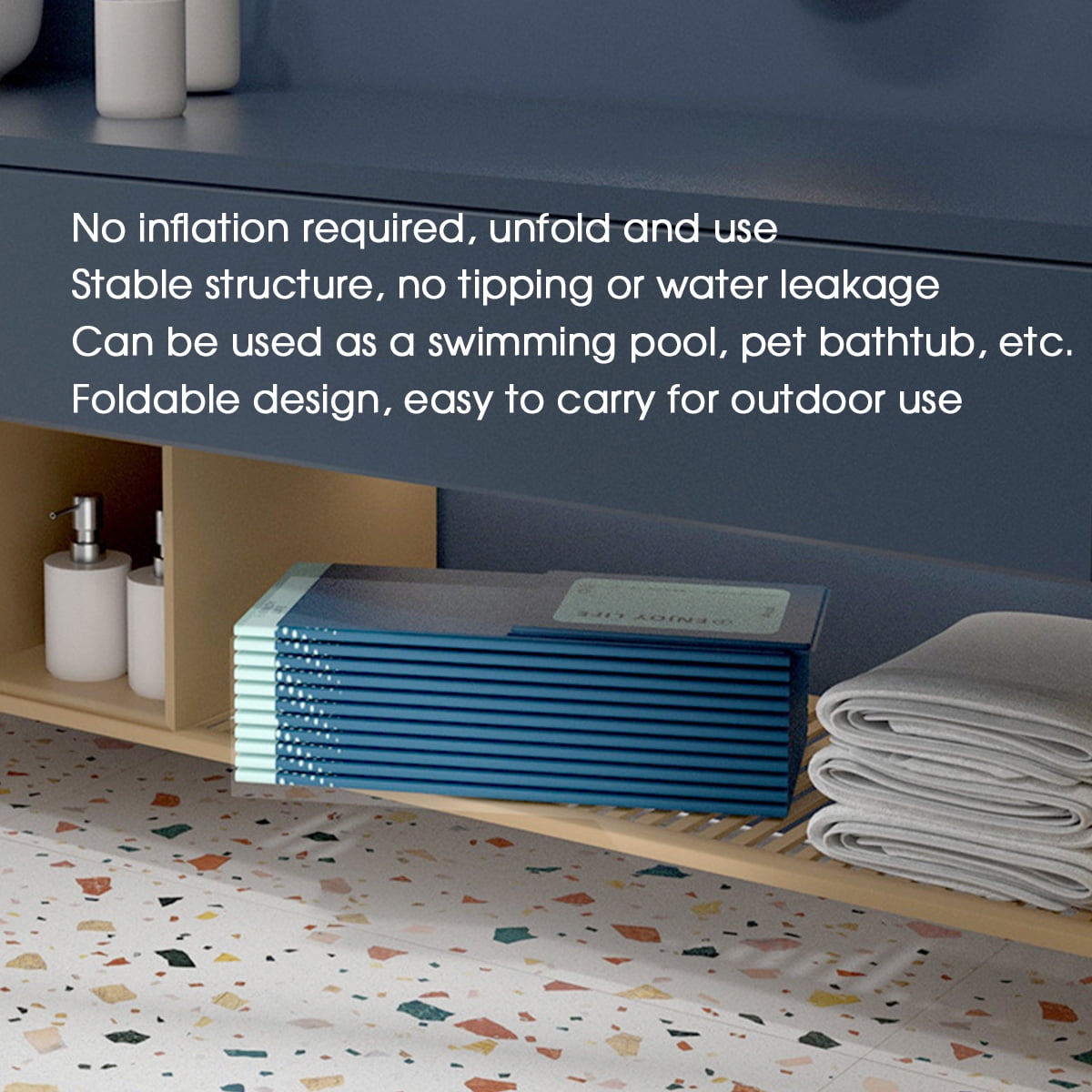 Jonster Foldable Non-Inflatable Swimming Pool, Rectangular, Dark Blue, 102in, 590 Gallons