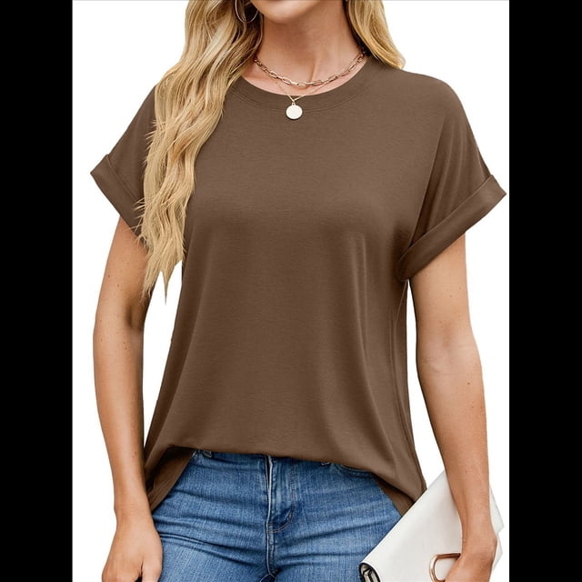 Camisetas Casuales Holgadas para Mujer, Camisetas de Verano de Corta con Cuello Redondo y Modernas Color Café S