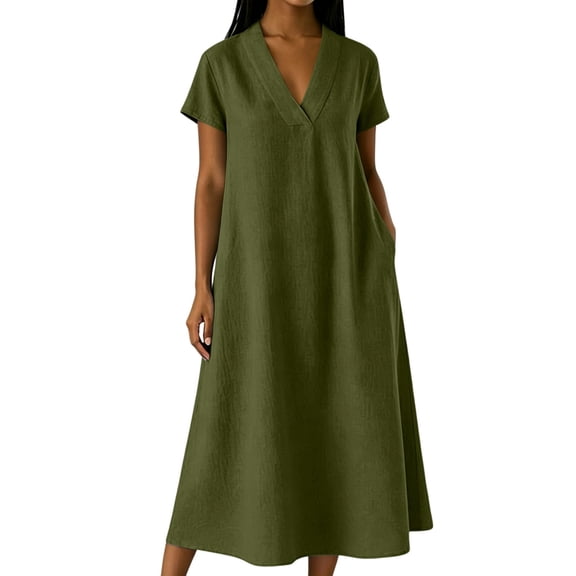Sokhug Womens Maxi Dress Short Sleeve V Neck Cotton Blend with Pockets Loose A Line Summer Casual Sundress