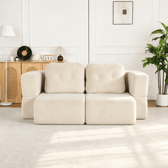 Off-White 2‑in‑1 Convertible Sofa Bed, Foldable Cloud Couch Floor Mattress with Pillows & Blanket, No‑Assembly Guest Sleeper Sofa for Small Space