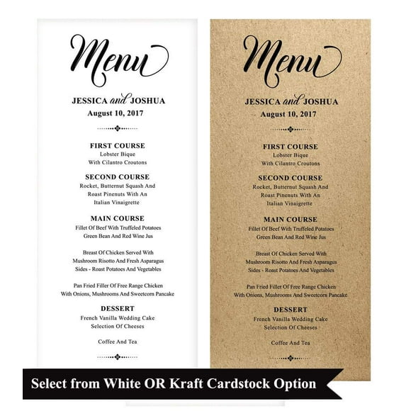 20 Personalized Wedding Menu Cards (9x4 Inches) Custom Rustic Dinner Menu Prints - White