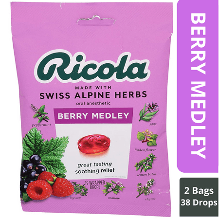 Ricola Swiss Alpine Herbs Berry Medley Oral Anesthetic, Great Tasting Soothing Reliet 2 Bags, 19 Individually Wrapped Drops Each Bag, (38 Drops)