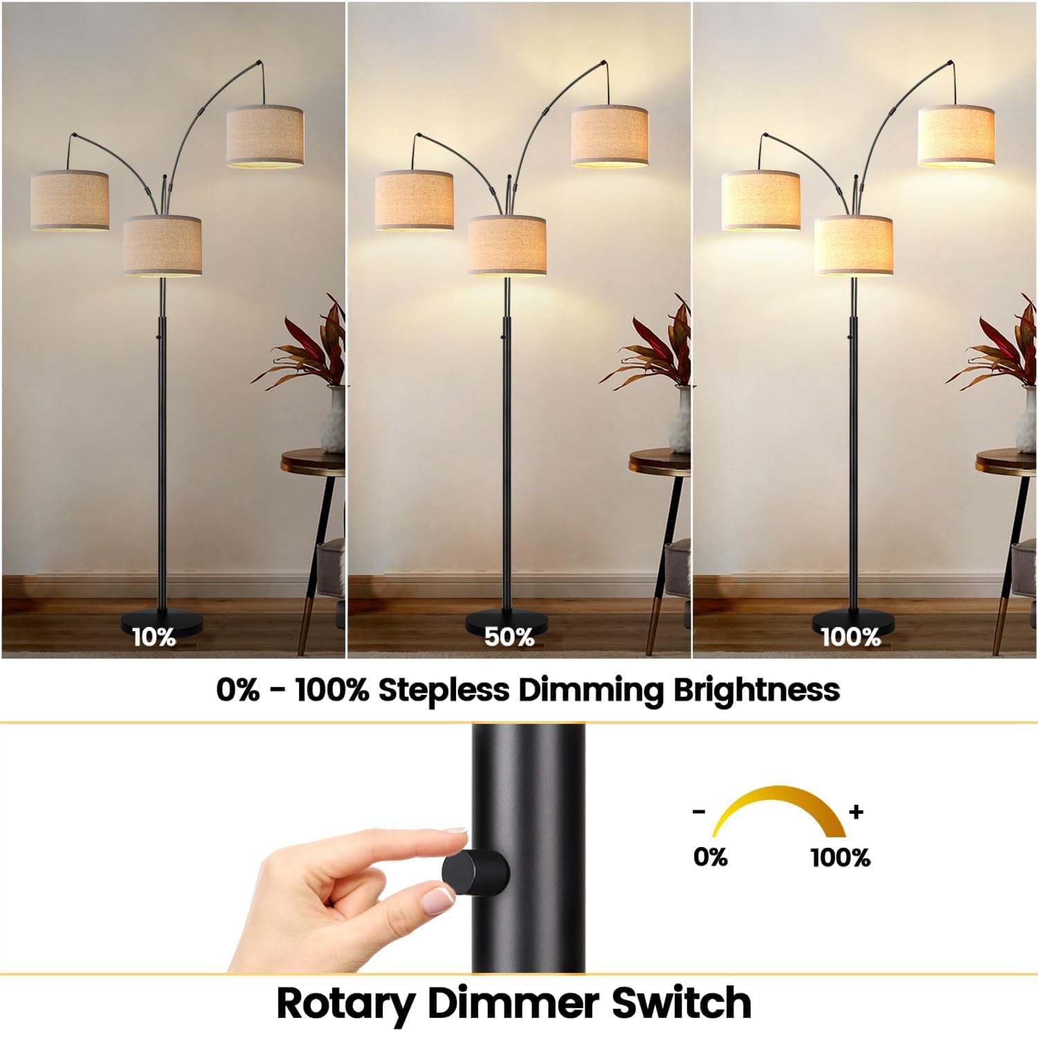 Dimmable Floor Lamp - 3 Lights Arc Lamps For Living Room  1000lm Modern Tall Standing With Beige Shades & Heavy Base Mid Century Tree Bedroom Office 3 Led Bulbs Included