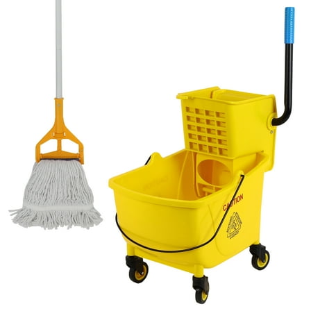 Commercial Mop Bucket with Wringer Side Press on Wheels, 35 Quart Mop Bucket with Commercial Mop, Easy to Move, Mops and Buckets for Floor Cleaning/Wet Mopping, Yellow