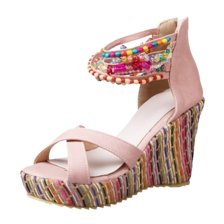 

LIANGP Women s Sandals Summer Women Platform Sandals New Model Bohemian Style Beaded Women Wedges Shoes Women s Shoes Pink Size 8