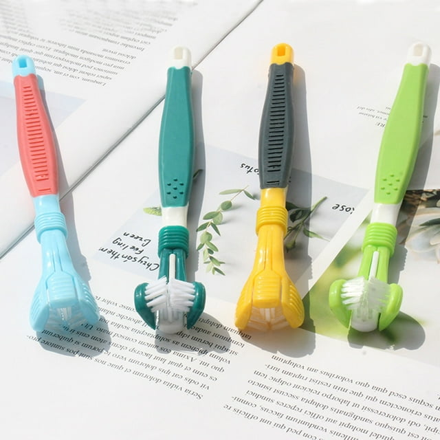 Flmtop Pet Toothbrush Three Sided Multi-angle Cleaning Plastic Dog Soft Bristle Toothbrush for Oral Care Baby Blue