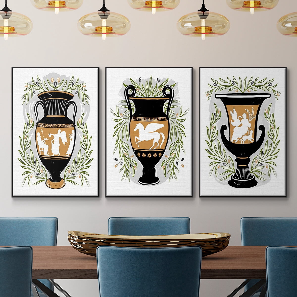 Greek Vases I - Framed Premium Gallery Wrapped Canvas L Frame 3 Piece Set - Ready to Hang
