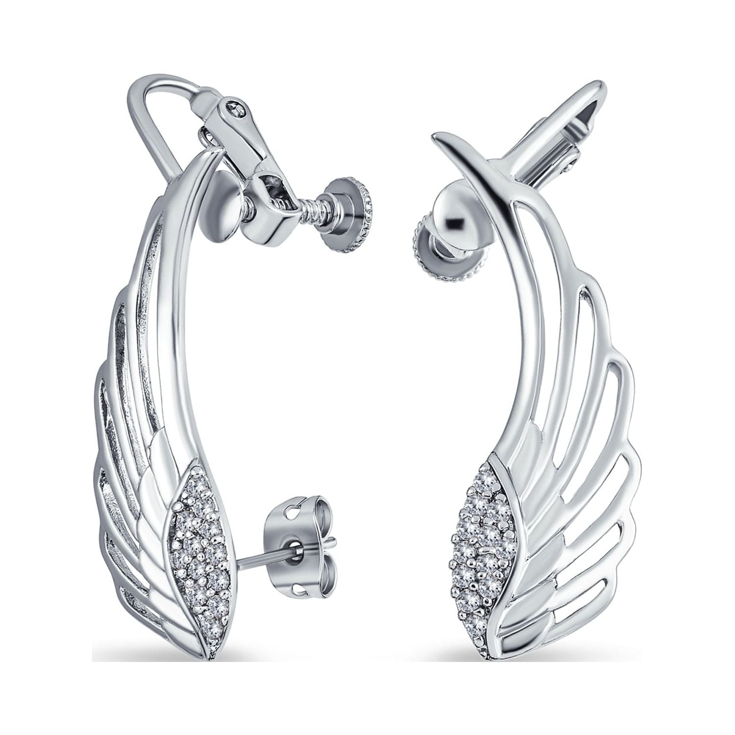 Bling Jewelry Trendy Spiritual Guardian Angel Wing Feather Cartilage Right Ear Cuff Wrap Cz Climber Helix Earring Silver Plated Stabilizing Adjustable