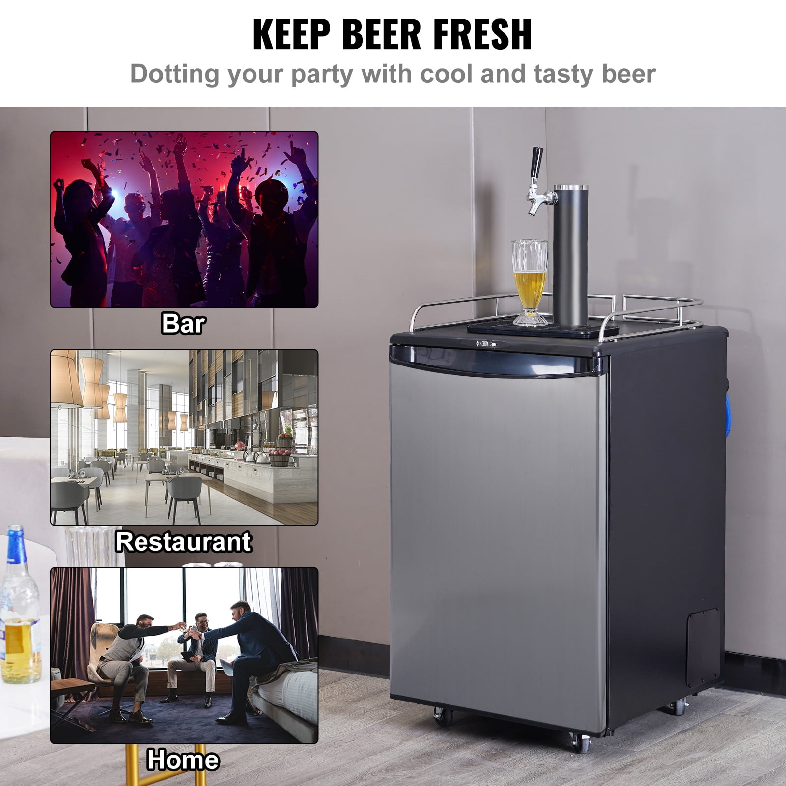 KFFKFF Single Tap Draft Beer Dispenser with Adjustable Temperature, Full-Size Keg Refrigerator Featuring Shelves, CO2 Cylinder, Drip Tray, and Rail, Compatible with 1/6, 1/4, and 1/2 Barrels